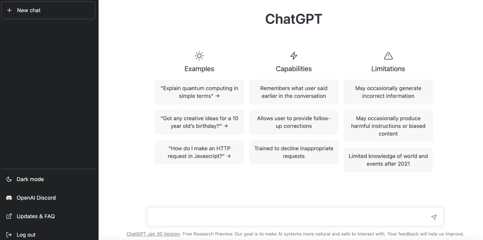 Интерфейс чат-бота GPT от OpenAI