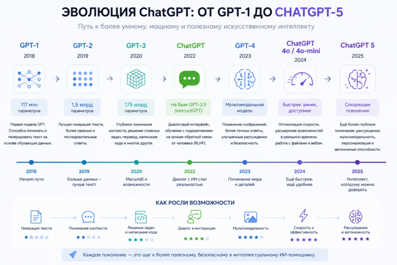 Схема развития технологий от gpt 1 до chatgpt 5