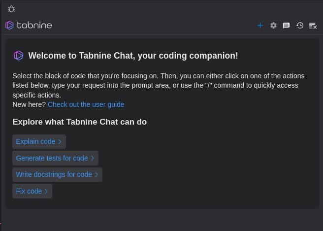 Приветственная страница нейросети Tabnine